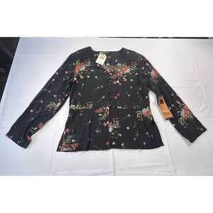 Carole Little Blouse Womens 14 Black Floral Chelsea Garden 100% Rayon Vintage US